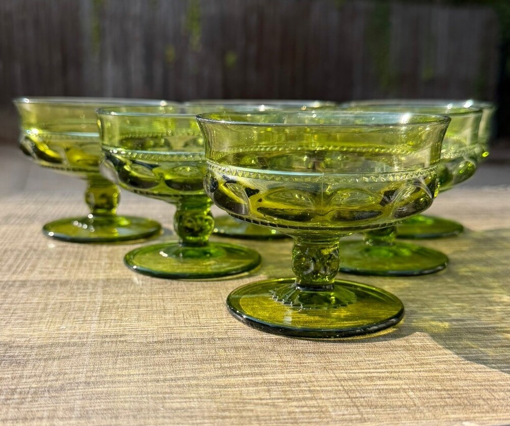 Vintage Indiana Glass King’s Crown Olive Green Footed Sherbet Dishes Set of 6